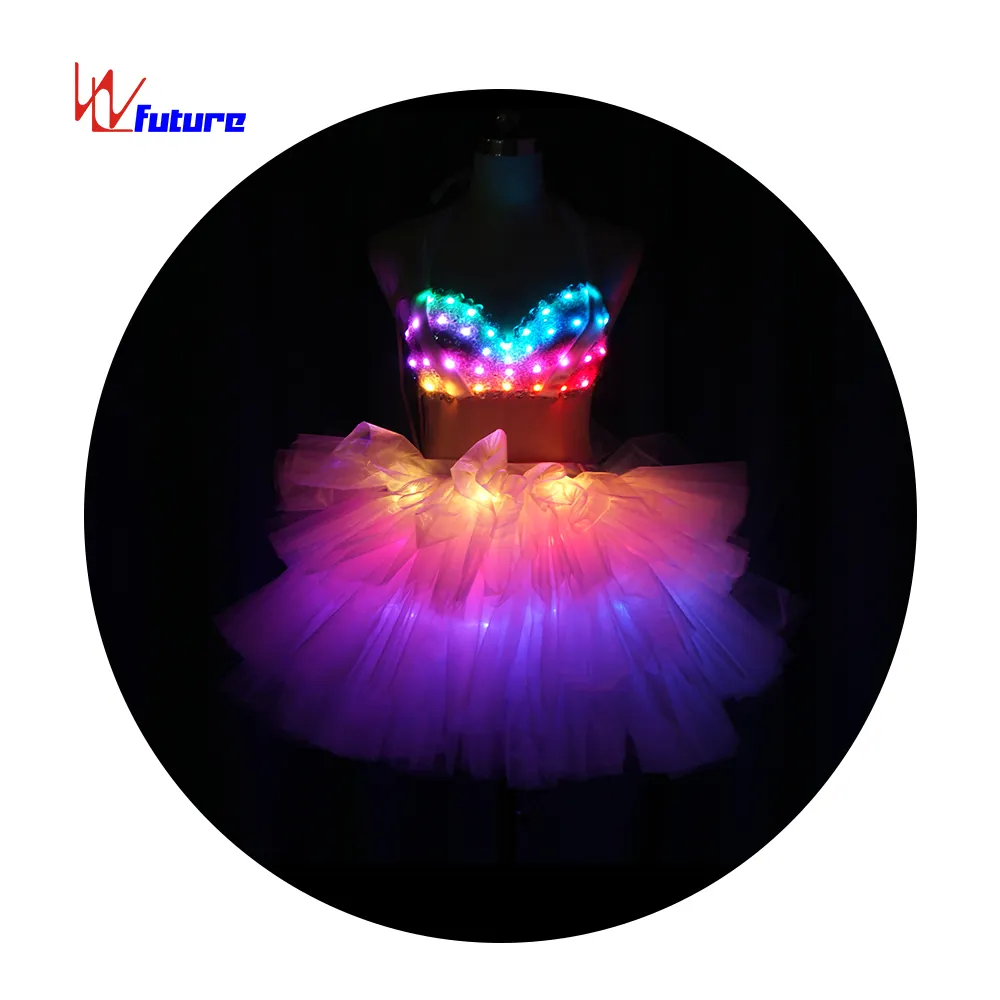 Robe de soirée future pour fille, vêtement de danse à rayures, Costumes Sexy et uniques, à lumières LED, ornement pour université