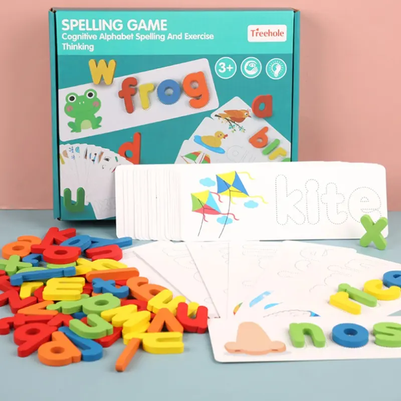 In età prescolare parole di ortografia gioco di apprendimento giocattolo, alfabeto in legno Flash carte di vista parole di riconoscimento lettere ABC giocattolo educativo