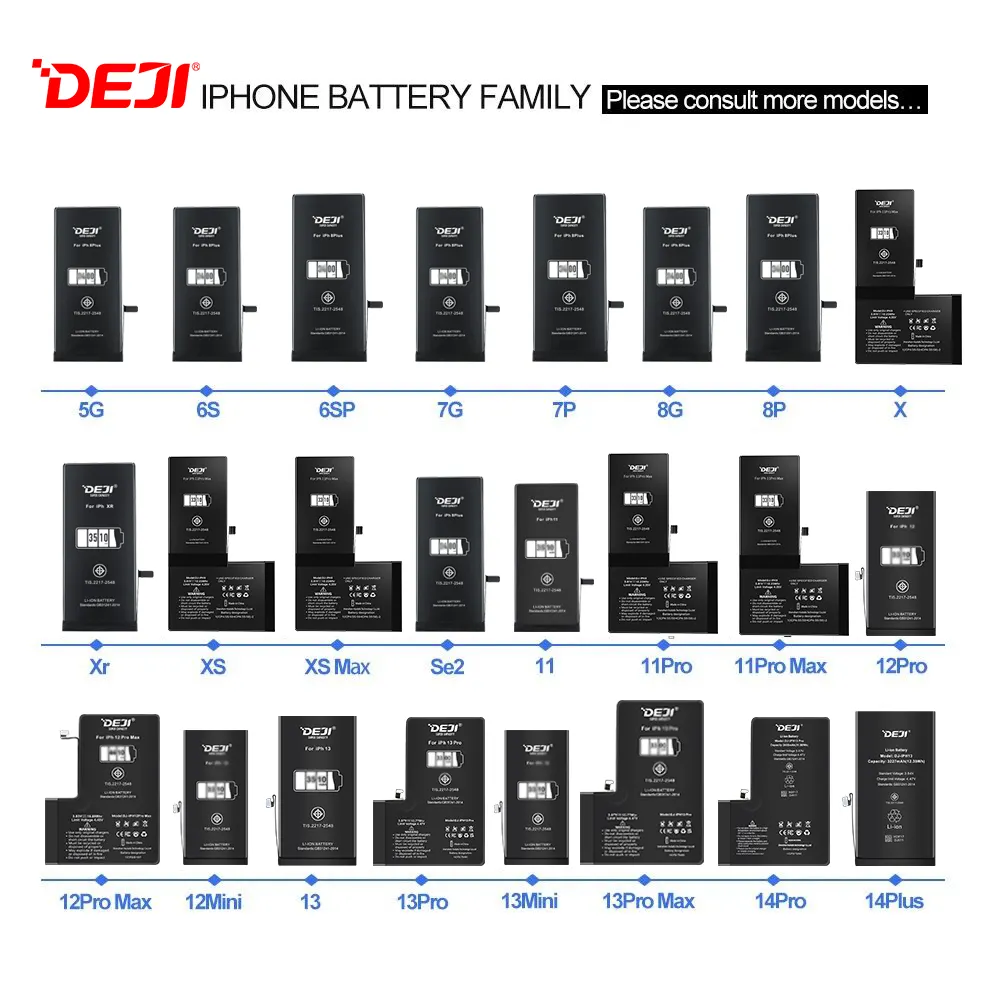 Batteria DEJI ROHS FCC China Oem per iPhone 5 6 6splus 7plus 7Plus 8p plus X Xr Xs Mas 12 mini 13 pro 14 ricaricabili Batterie