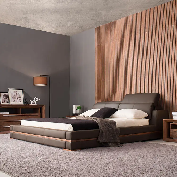 Juego de cama de cuero con reposapiés ajustable, mueble de dormitorio principal personalizado, tamaño completo