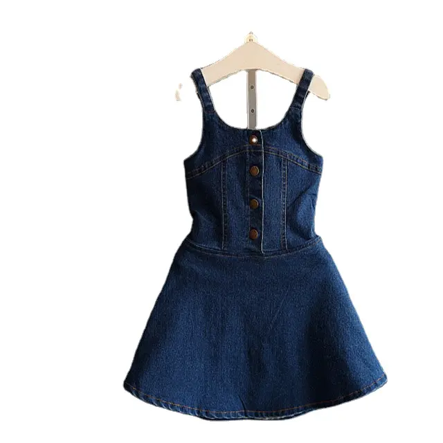 한국 키즈 착용 구식 아기 소녀 디자인 데님 코튼 드레스 멜빵 저렴한 중국 도매