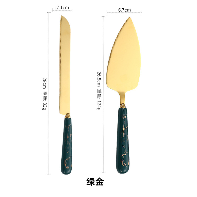 Couteau à gâteau et spatule à manche en céramique or rose (sac OPP)