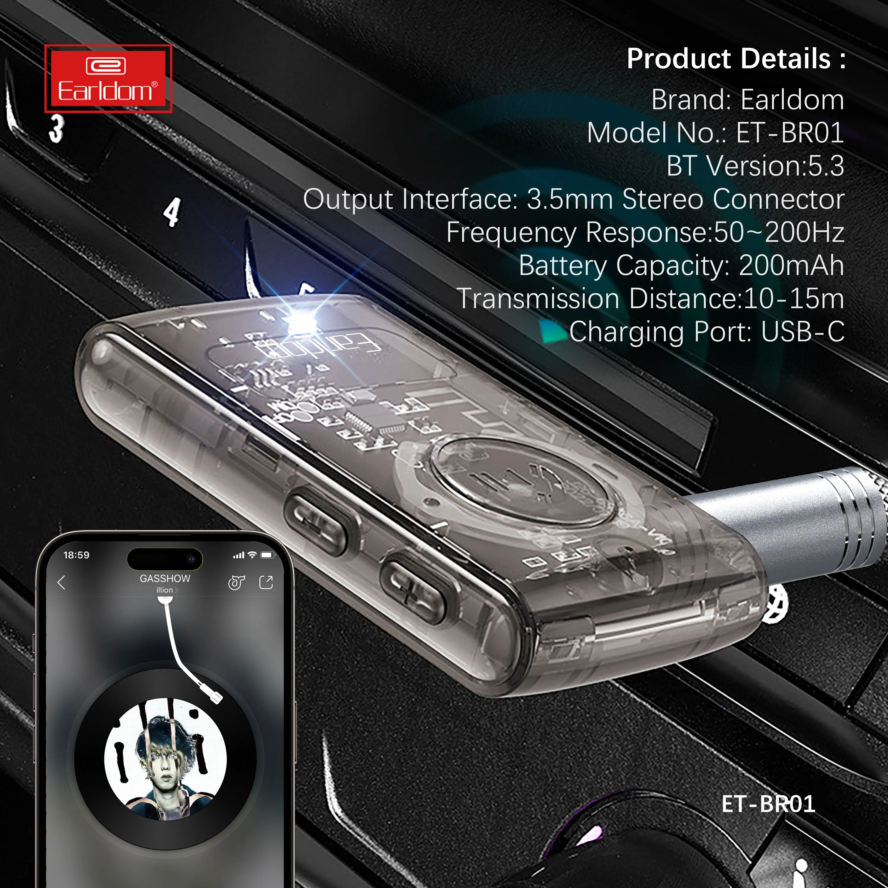 EARLDOM 3,5mm AUX Bluetooth-Tooth receptor de coche inalámbrico kit manos libres de coche V5.3 adaptador de música para coche/auricular/altavoz transparente