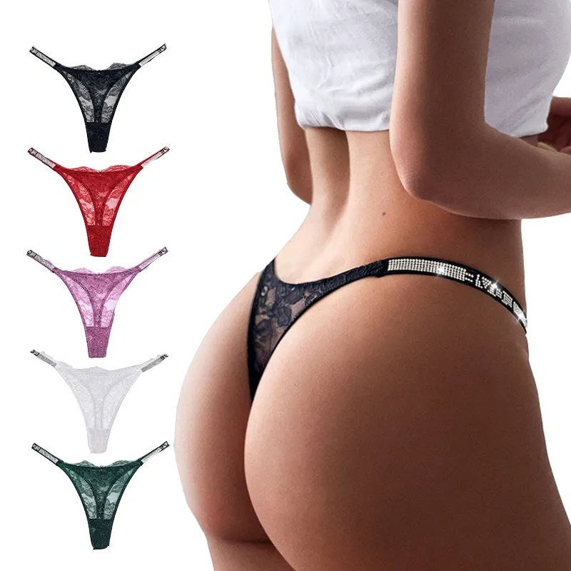 Custom Women Sexy Transparent T Back Panties Underwear Girl Pics Rhinestone Nylon Soft Letter Sheer Lace Lingerie Thong
