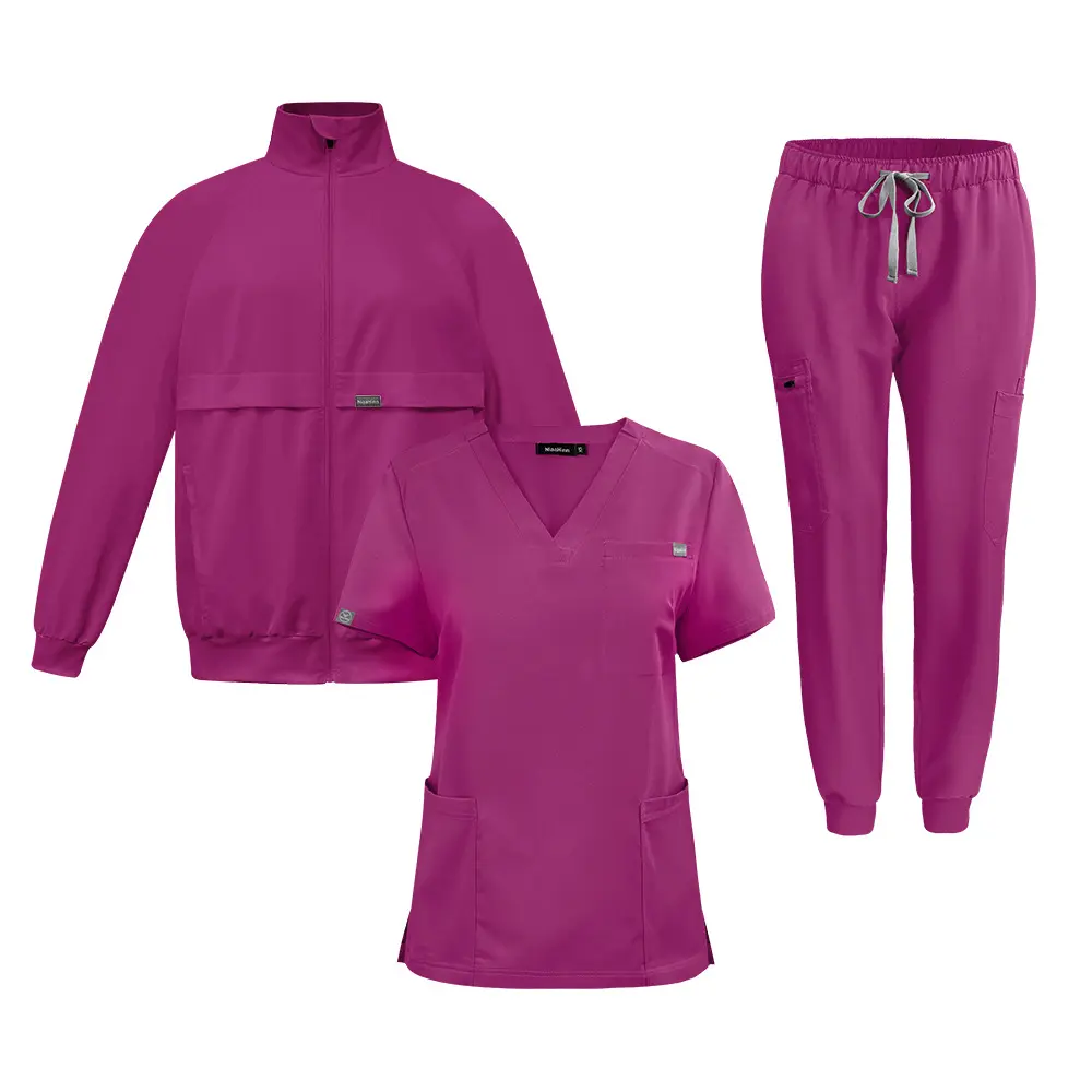 जिंतेंग यूनिसेक्स थ्री-पीस स्क्रब सूट स्पा बुना अस्पताल वर्दी के लिए उभरा हुआ मेडिकल नर्स कपड़े