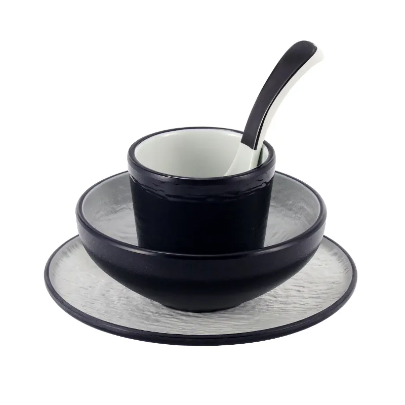 HCMA grosir set kulit warna hitam mangkuk kecil 100% melamin dengan sendok melanin piring set Makan malam