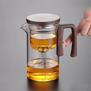 520毫升/720毫升玻璃茶壶水分离内胆一键式磁开关茶叶过滤茶壶木柄杯套 - Product Image 1