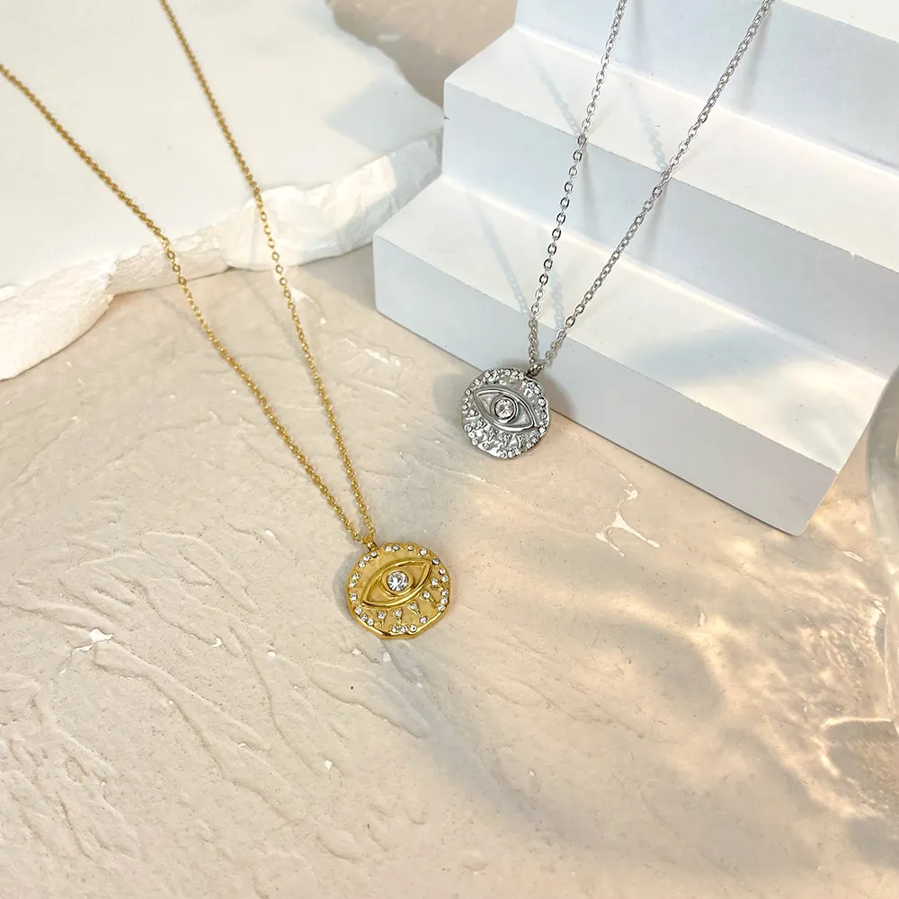 Collier à œil de diable en diamant géométrique, chaîne en acier inoxydable, plaqué or, pendentif rond, collier de gemme, bijoux