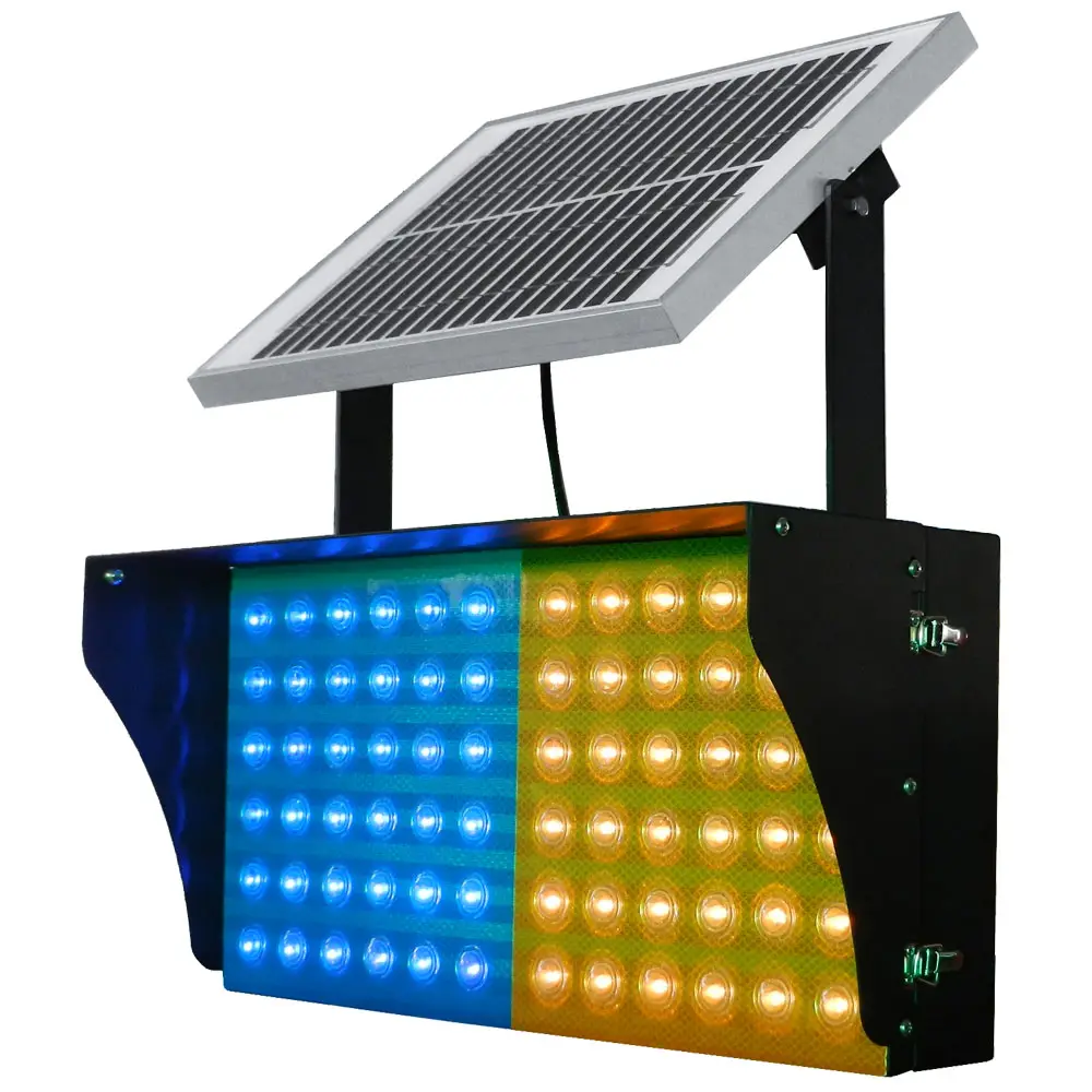 Lampu Flash lalu lintas tenaga surya 500x250mm, lampu sorot peringatan LED lalu lintas tenaga surya biru dan kuning