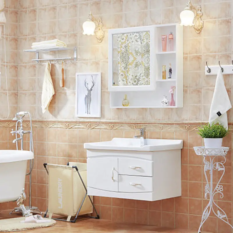 Basit tasarım PVC malzeme banyo Vanity özel depolama otel ev banyo mobilyaları kontrplak Vanity banyo Modern 38-46 in