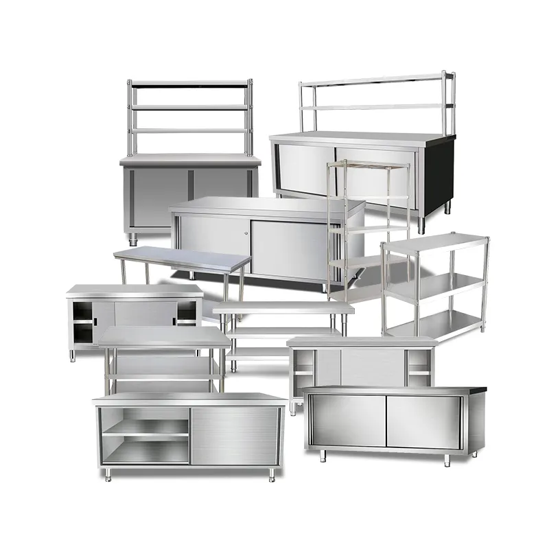 Mesa de trabajo de cocina de acero inoxidable, ajustable, de aluminio, varios estilos, personalizada, para restaurante