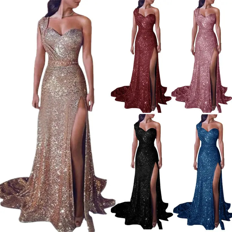 One Shoulder Crystal Gilding Women Evening Dresses Plus Size Party Dresses Women Elegant Maxi Long Dress For Luxury Parties