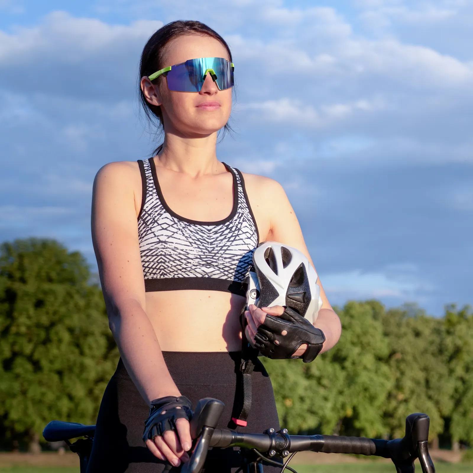 Kacamata hitam olahraga lari sepeda gunung, kacamata hitam olahraga sepeda tanpa bingkai biru untuk pria