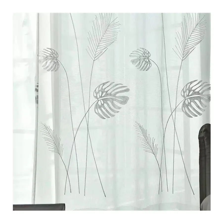 Tela de red de cortina de hoja blanca, stock listo, telas de cortina de encaje bordado transparente en Shaoxing