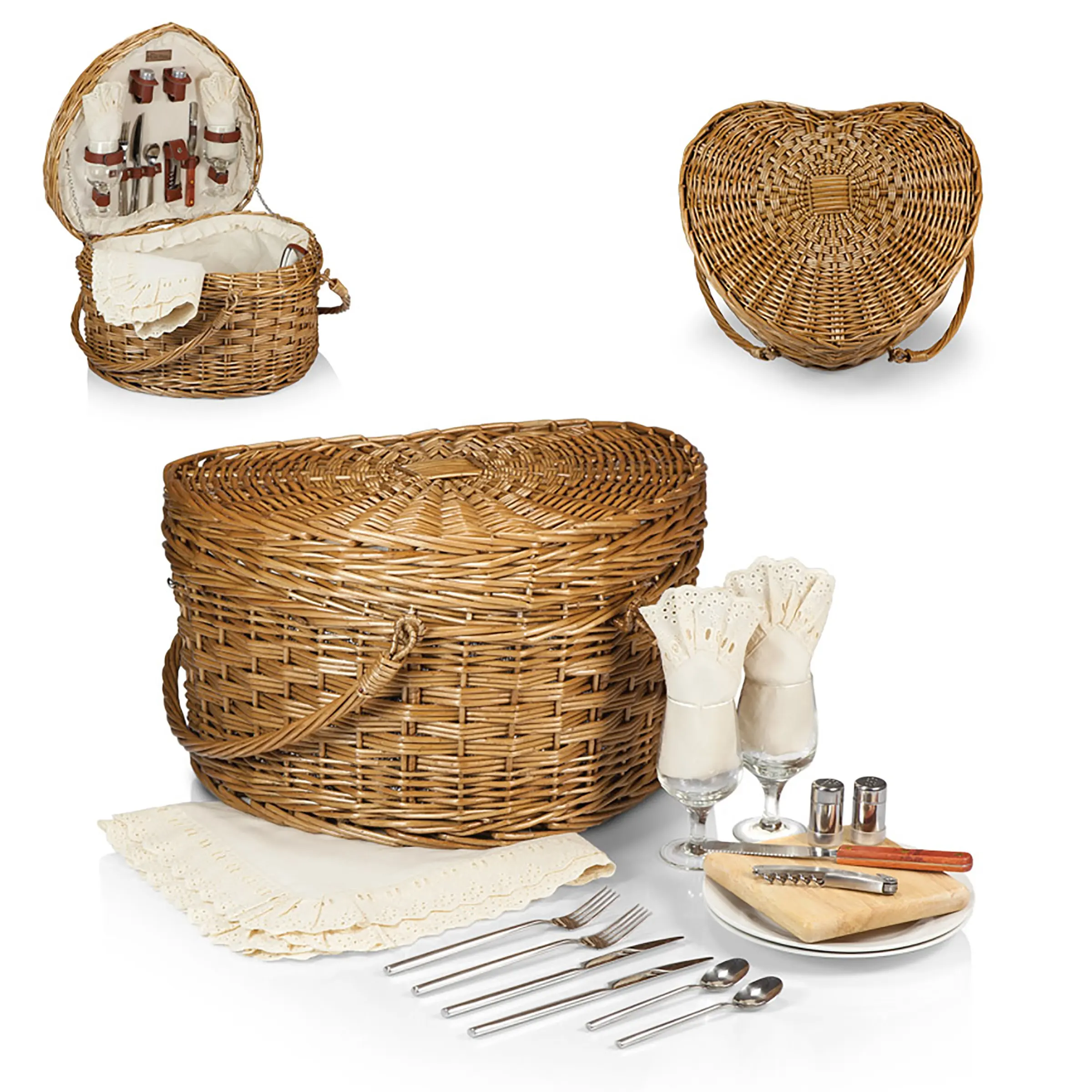 Neues Design Herzförmige hochwertige handgemachte natürliche Rattan Wicker Set Picknick korb
