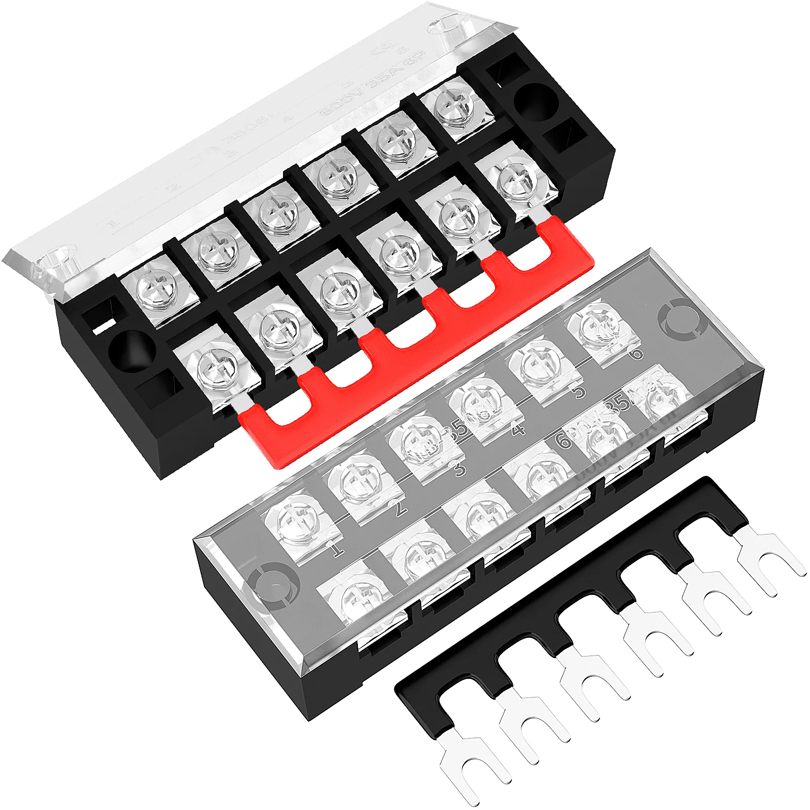 ขั้วต่อเทอร์มินอลบล็อกแบบสกรู2แถวราง DIN 600V 35A ขั้วต่อเทอร์มินัลแบบมีฉนวน6ตำแหน่งพร้อมฝาปิด