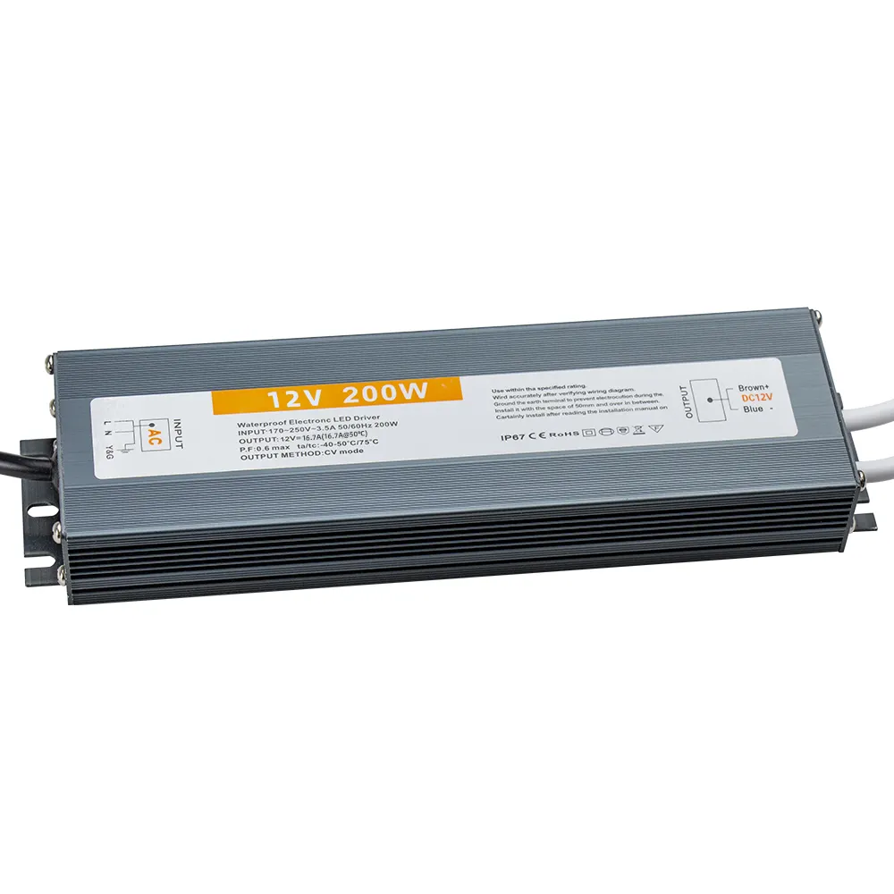 LED ultrafino impermeable IP67 fuente de alimentación AC 110V 220V a DC12V DC24V transformador 200W controlador led