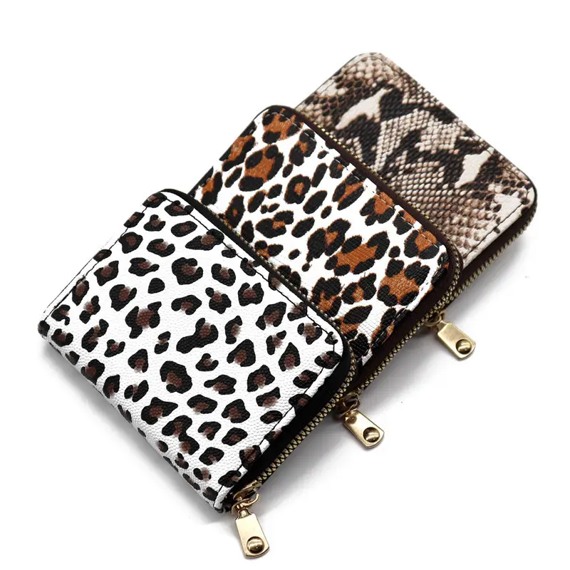 Cartera corta de cuero PU, tarjetero, monedero con estampado de animales de leopardo