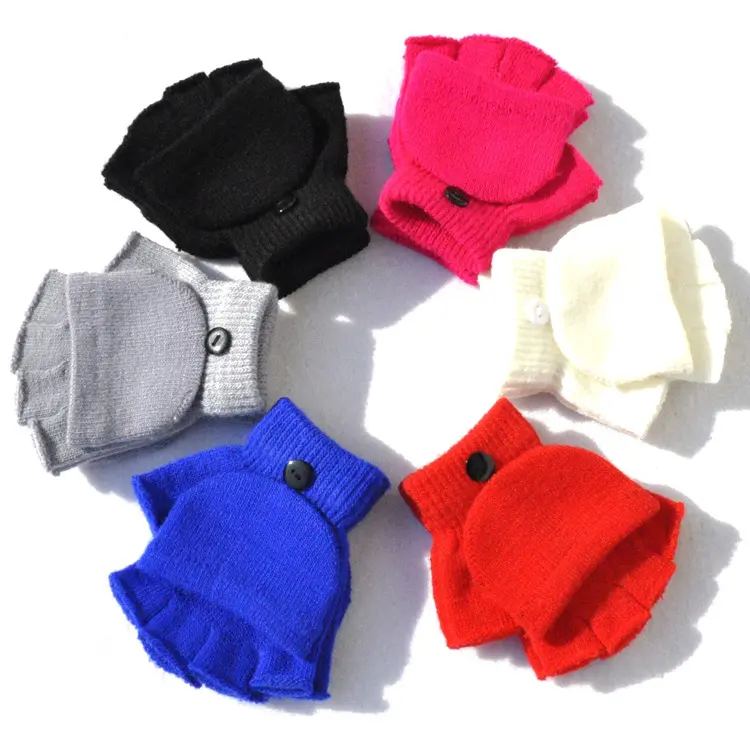 Groothandel Goedkope Soft Plain Knit Kids Kinderen Kleine Jongens Meisjes Winter Vingerloze Warme Handschoen Met Cover