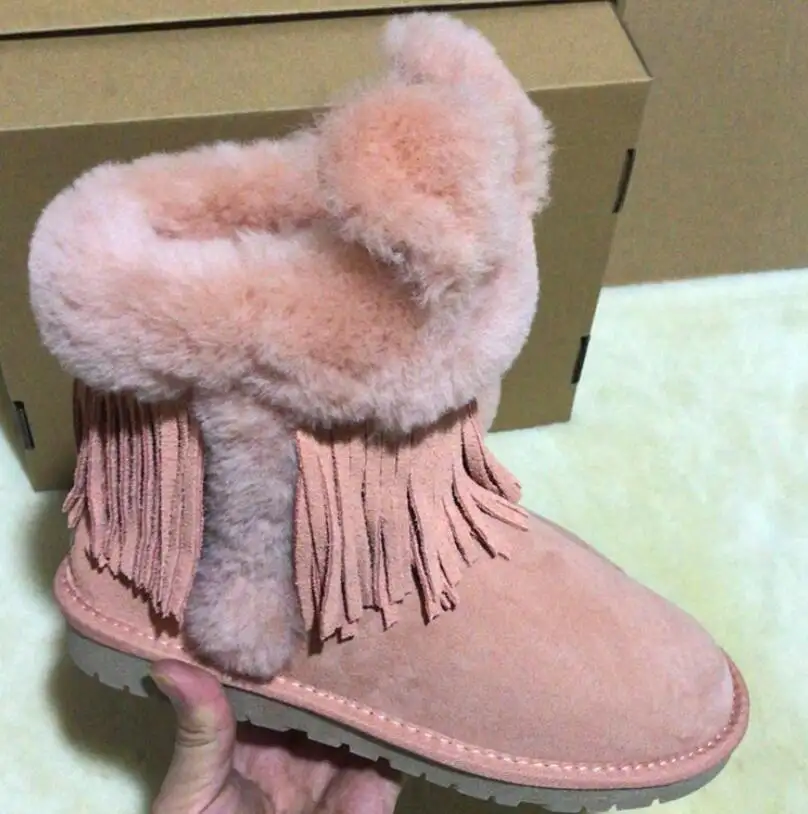 Botas de nieve cálidas con flecos de lana y cuero para invierno, nuevas