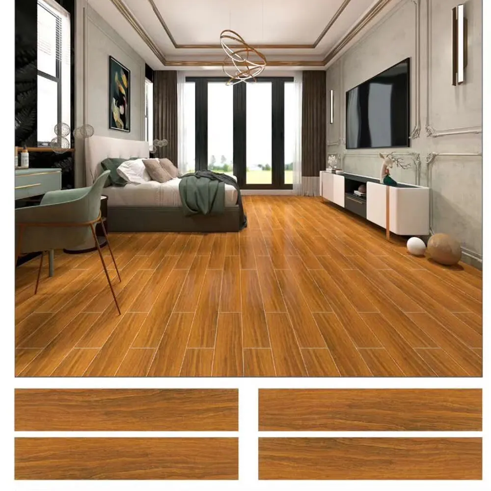 Azulejos de suelo de 150x800mm con aspecto de cerámica, acabado de madera, dormitorio de cerámica, azulejos esmaltados modernos contemporáneos, textura de imitación de madera maciza