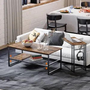 <strong>Rectangular</strong> Two-tier Coffee <strong>Table</strong> Designed With Metal Net and Wood Board, <strong>Nesting</strong> <strong>Table</strong> Comes With a Sofa Side <strong>Table</strong> - Product Image 4