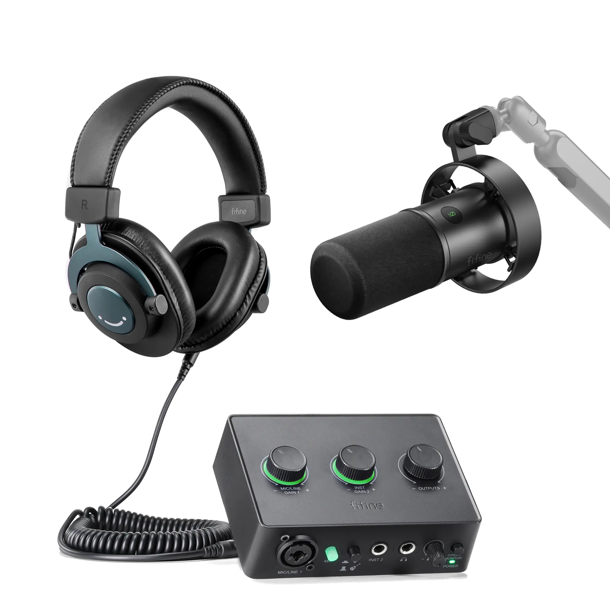Fifine-Paquete de equipo de Podcast, mezclador de Podcast, condensador, micrófono, Monitor, auriculares, tarjeta de sonido, grabación, tarjetas, mezclador de Audio