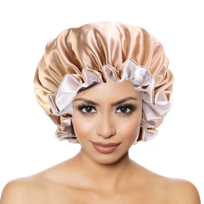 Nouveau Bonnet en Satin réversible double couche taille réglable sommeil bonnet de nuit couvre-chef Bonnet chapeau pour cheveux bouclés élastiques noir