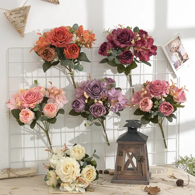 Vintage Hydrangea Peony Bouquet Rose Artificial Flowers Home Wedding Decoration Floral Arrangements