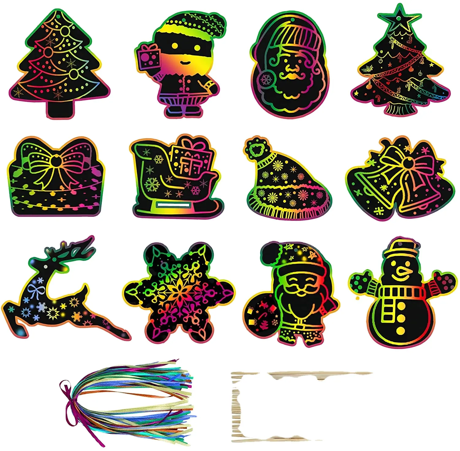 Juego de tarjetas de papel de arte para rascar arcoíris de Color mágico de Navidad con plantilla de grafiti para dibujo DIY