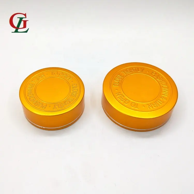 Wholesale food grade 53mm mental child resistant cap gold or silver aluminum childproof lid plastic bottle cover for pill bottle