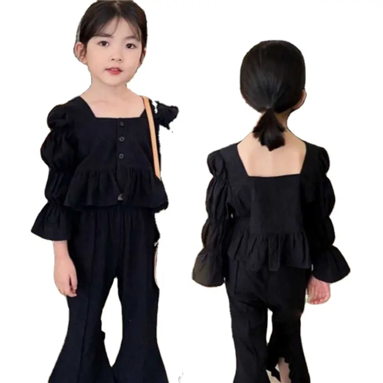 OEM ODM all black kids girls sets 2 pieces children girls cotton clothing sets