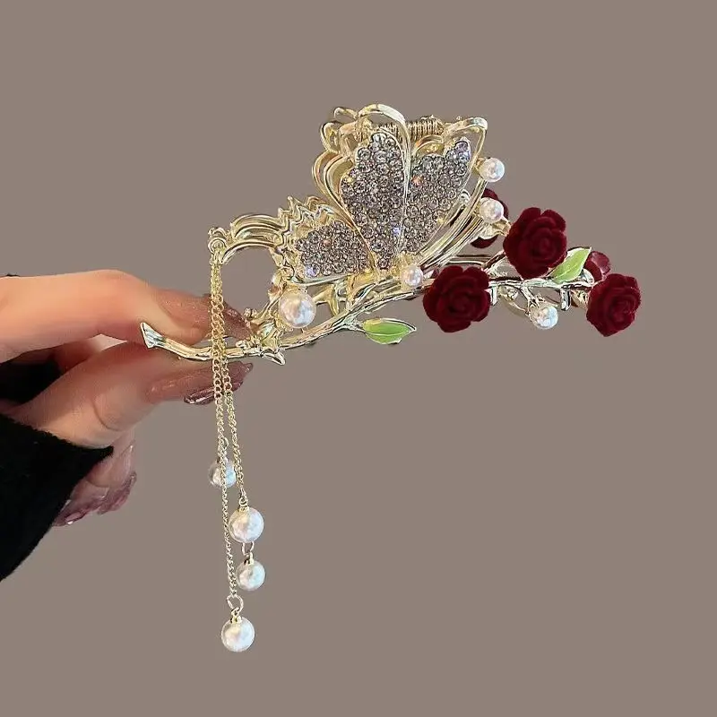 Women's Large Gold-tone Flower Hair Clip - Shark Clip with Rhinestones for Elegant Hairstyles