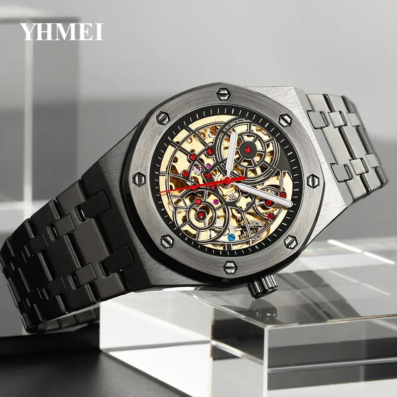 Relógio mecânico automático de luxo, relógio de pulso masculino personalizado, popular e oco, novidade da moda