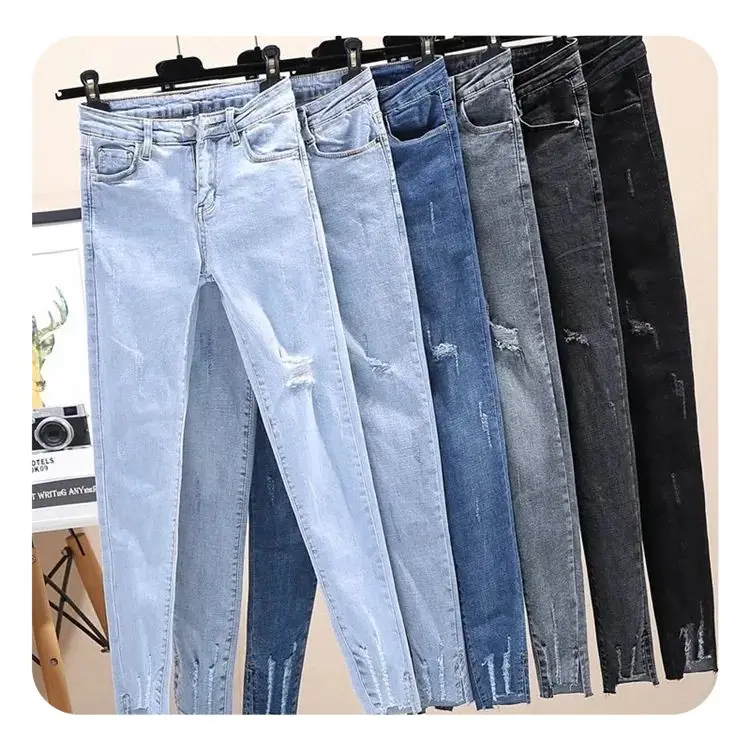 Celana panjang kasual jeans denim robek kustom Jeans ketat pria surplus stok banyak pakaian bekas cuci gudang