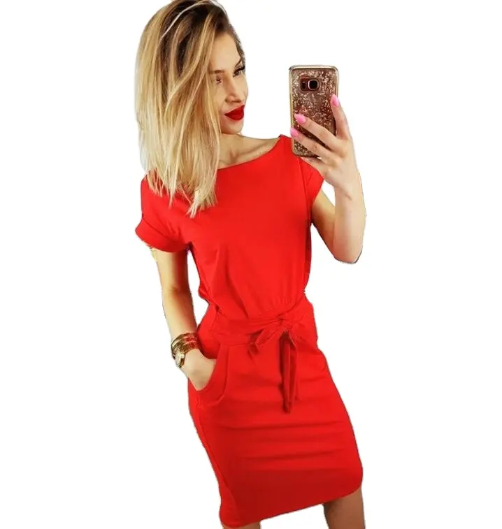 Vestido feminino casual mangas curtas, gola redonda laço elegante escritório moças trabalho corrida y11365