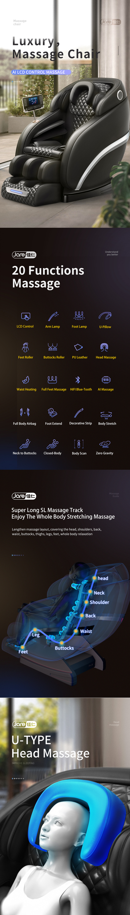 Jare 6687N  Luxury  Automatic Shiatsu Kneading  Cheap New Design Electric Zero Gravity Heated Home Body Care 4D Massage Chair