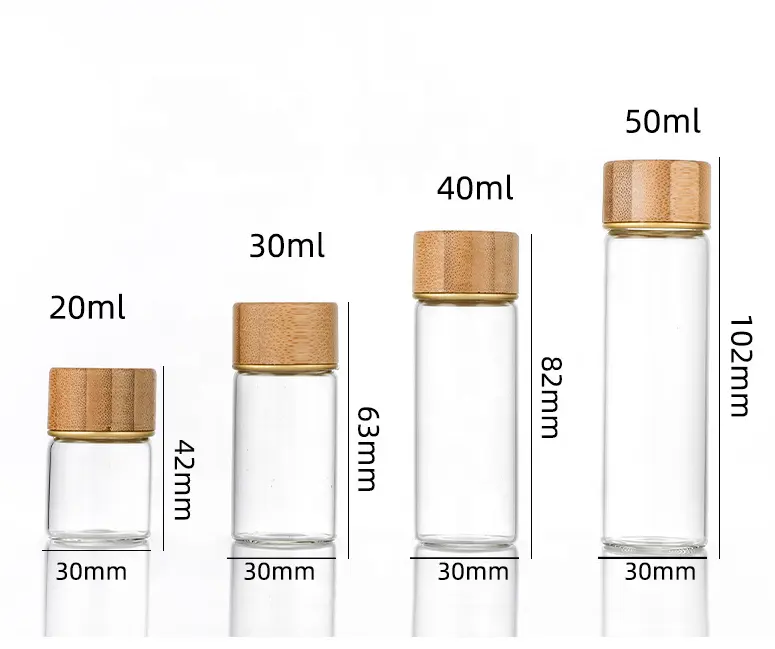 Venda por atacado 20ml 30ml 50ml 100ml vidro frasco para embalagem de café tubo de vidro transparente testador de amostra com parafuso tampa de bambu