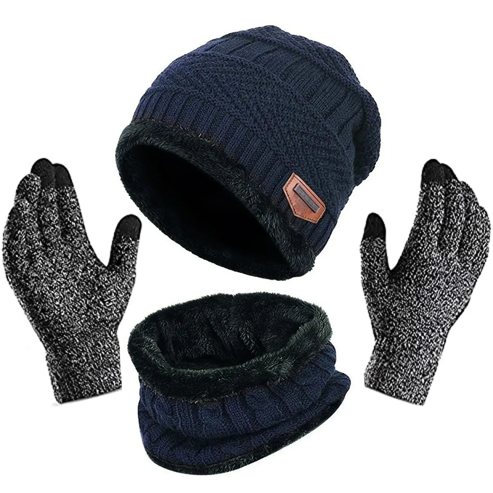 Ensemble bonnet et gant épais et chaud pour femmes 3 Pcs/Set Bonnets d'hiver tricotés pour hommes avec écharpe Ensemble de gants pour écran tactile