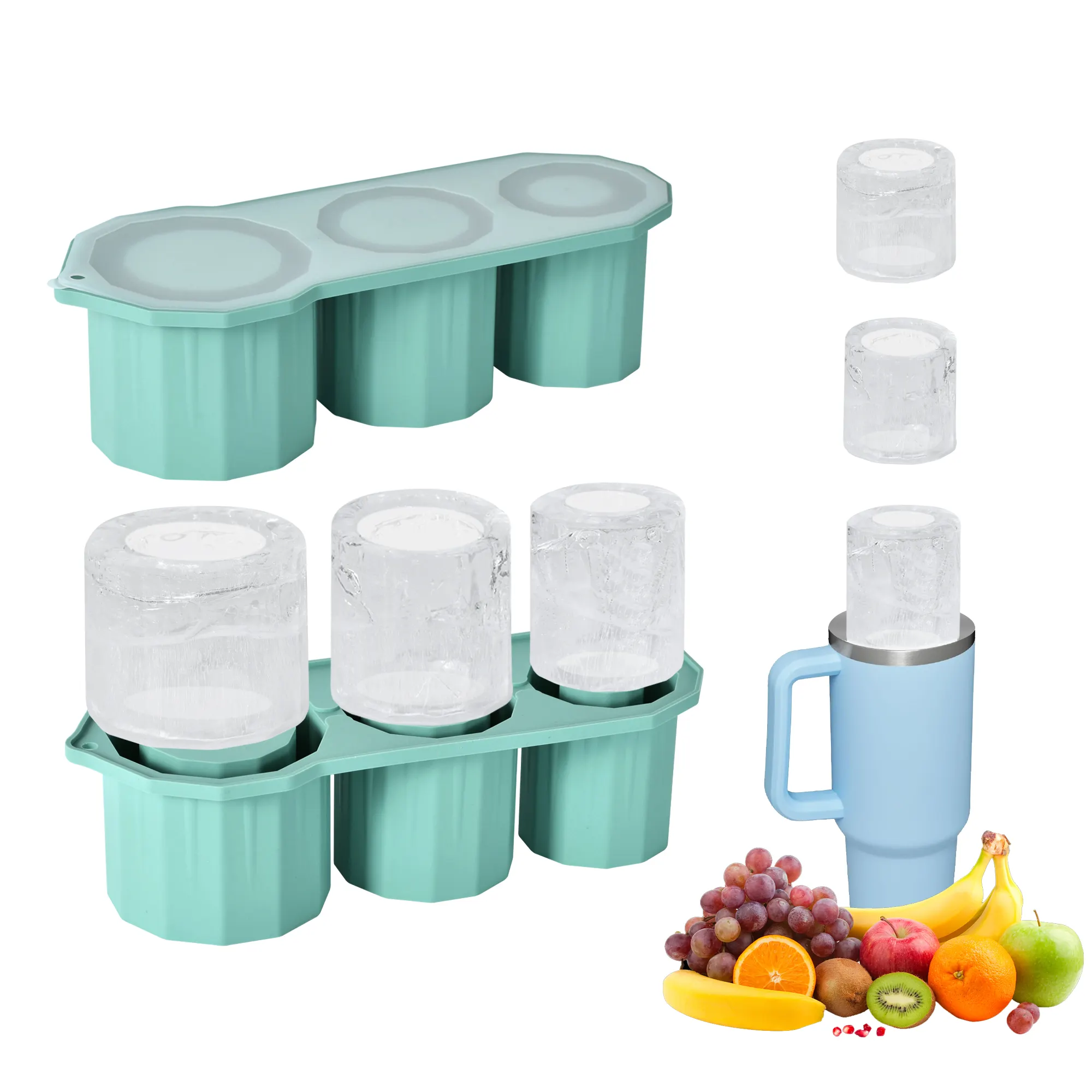 Personalizado 3 uds cilindro hueco de silicona molde de hielo vaso fabricante de cubitos de hielo bandeja de cubitos de hielo para vaso con tapa y cubo