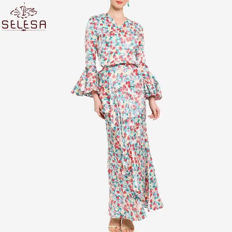 Diseno Abaya De Malasia Koreaanse Kleding Lange Mouwen Print Geplooide Casual Losse Jurken Western Wear Voor Vrouwen