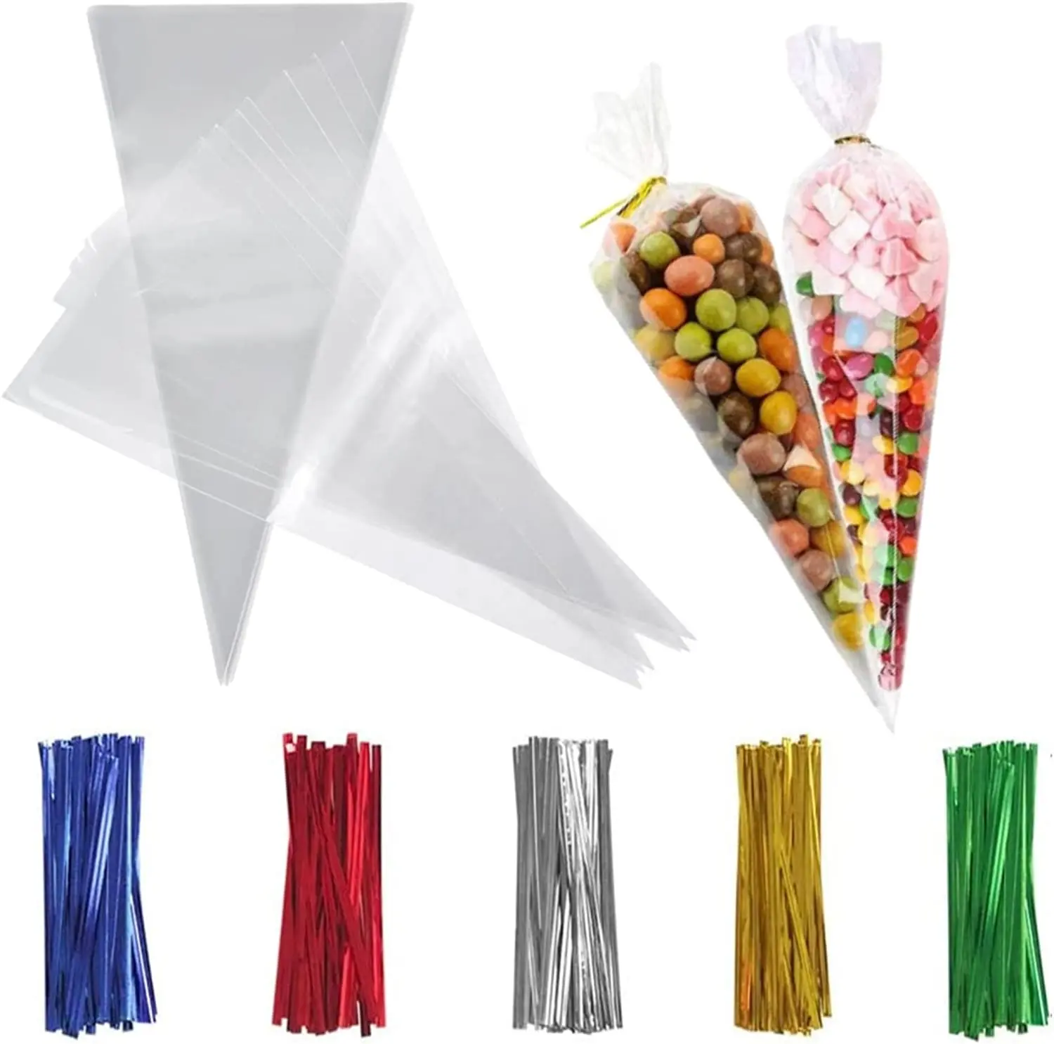 Bolsas de cono triangular transparentes BOPP, bolsas de plástico de celofán para palomitas de maíz dulces, con lazos giratorios de colores para fiesta, 13x25cm