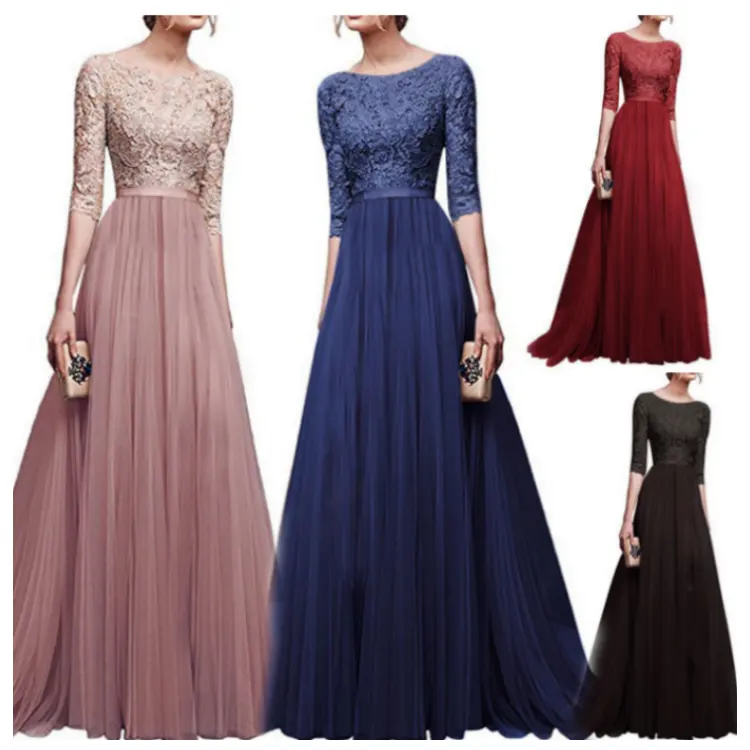 New Fashion Spring Autumn Women Sexy Chiffon Lace O-neck Half Sleeve Long Dress Mesh Party Evening Clothes Casual Dress