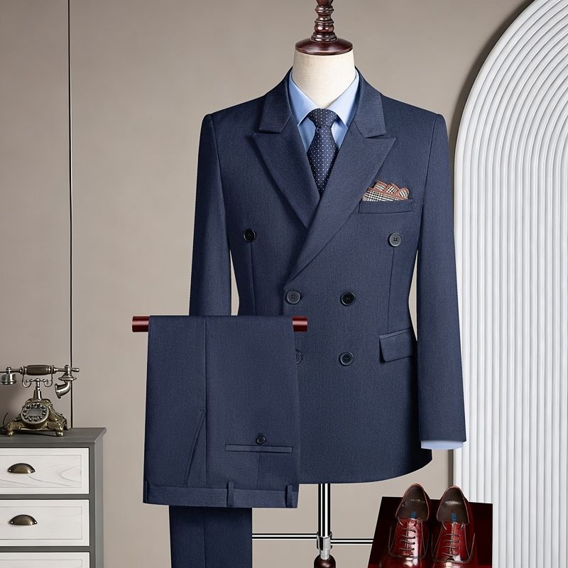 Navy blue double-breasted two-piece suit-suit trousers