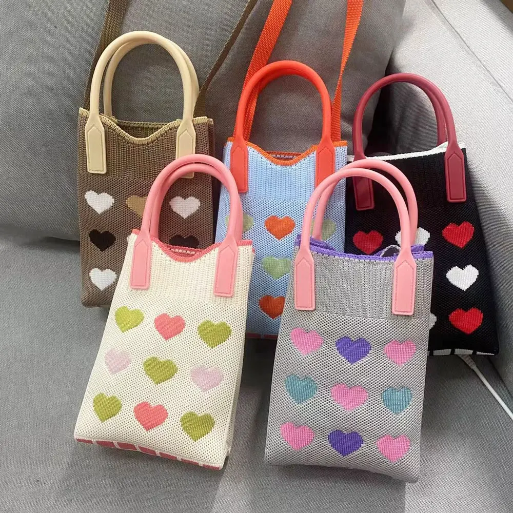 Tas selempang rajut wanita, tas tangan ponsel Mini rajut hati cinta modis wanita dan anak perempuan