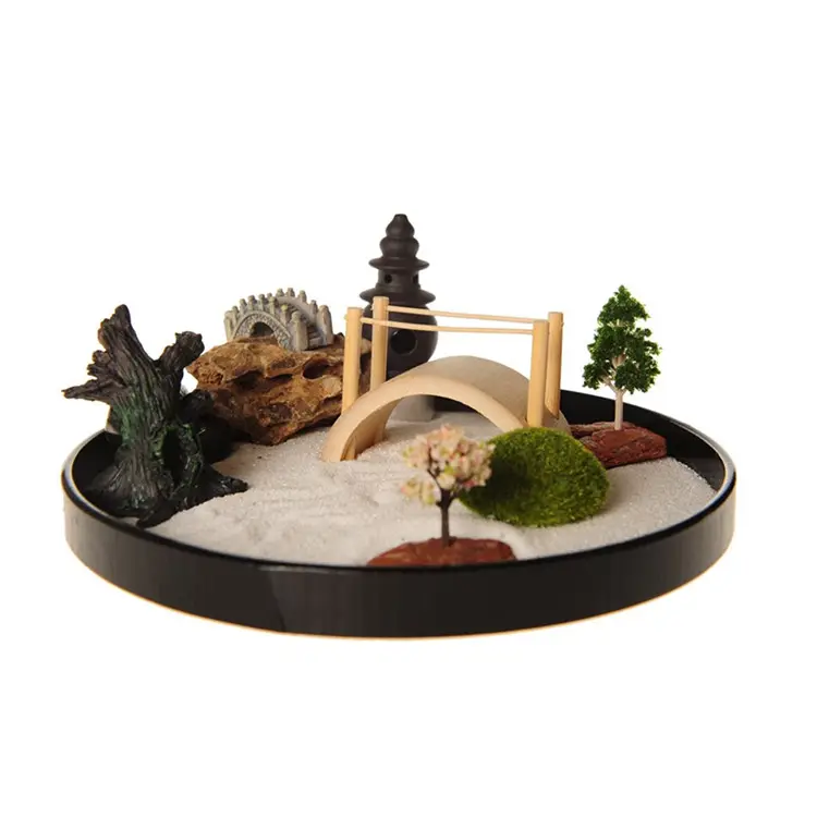 Polyresin/Resina Zen Garden con la Barca Ponte Giapponese Censers Set con Trasporto Rastrello e Spingendo Penna di Sabbia Vassoio di Base diametro