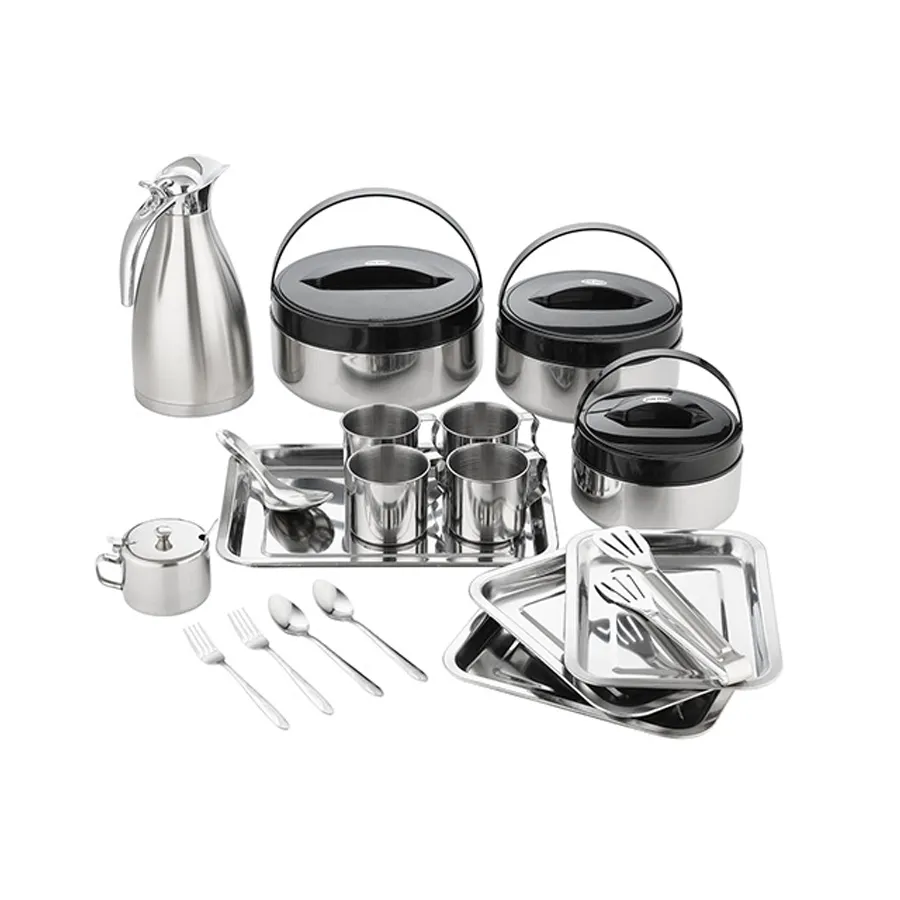 Set Kotak Makan Siang Penghangat Makanan Hot Pot Afrika Set Makan Malam Stainless Steel 19 Buah Berkemah Luar Ruangan