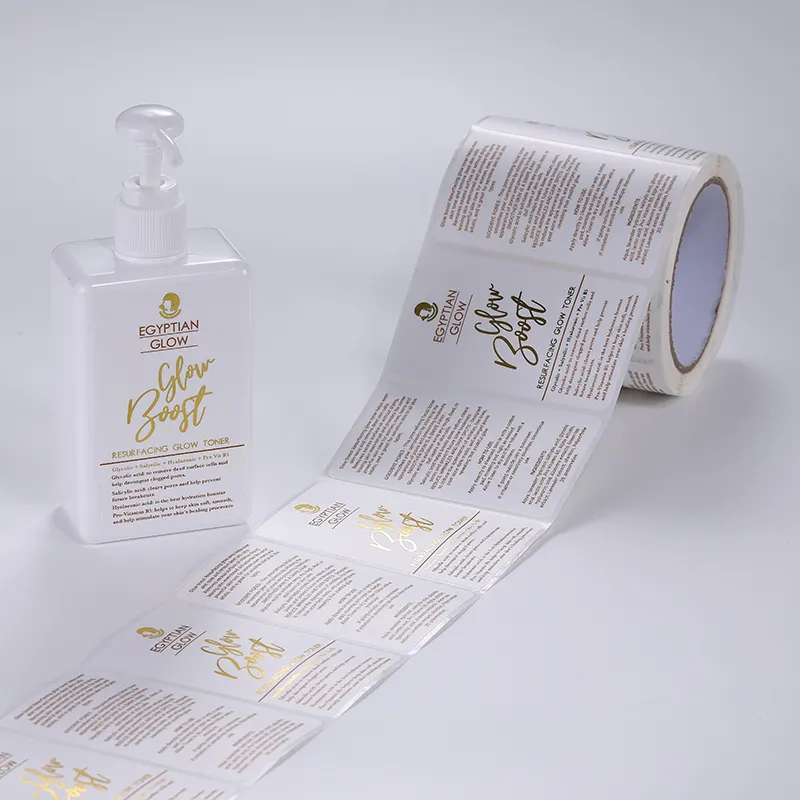 Etiqueta autoadhesiva impermeable personalizada con estampado de lámina de oro transparente