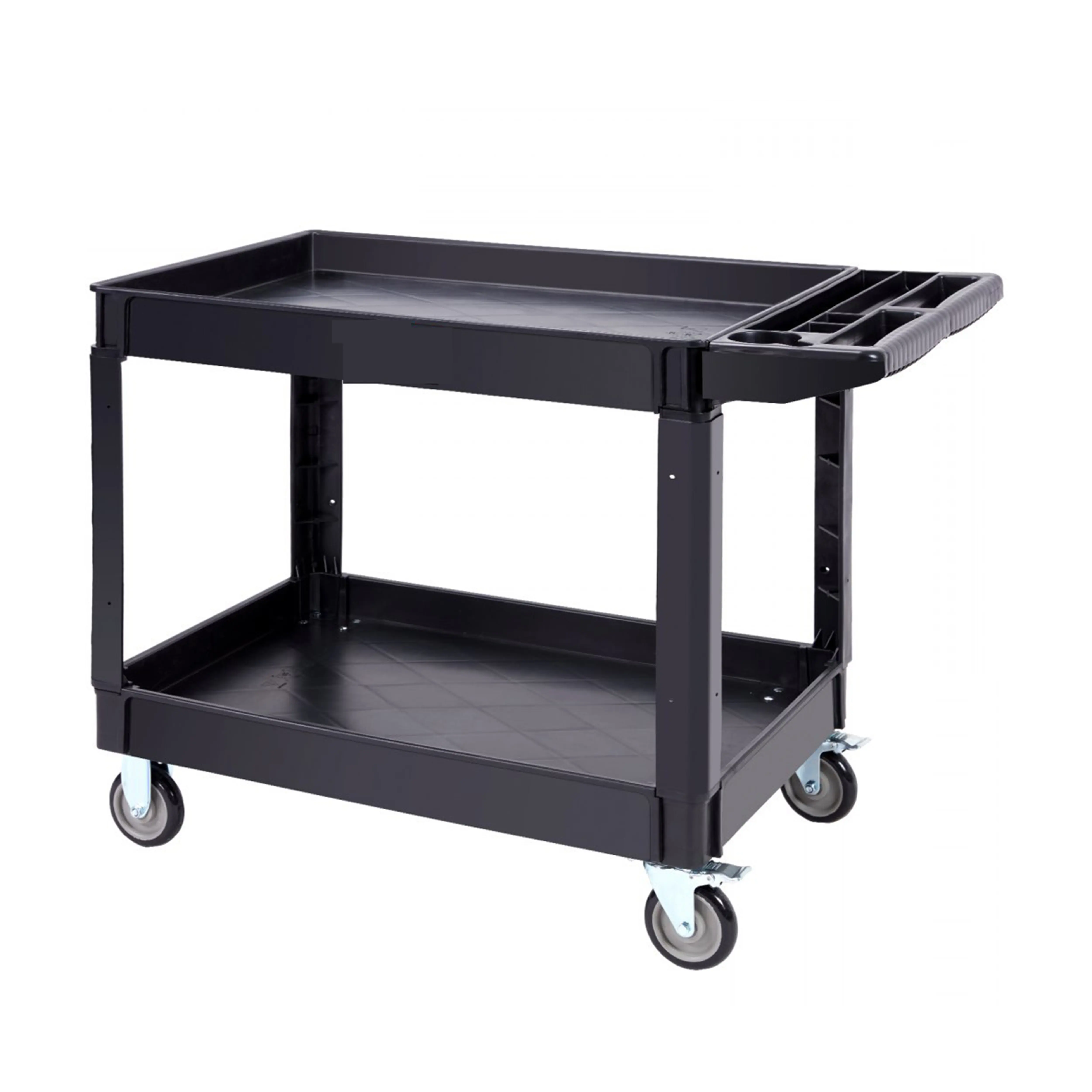 Zwarte Twee-Plank Diepe Put Plastic Utility Cart Met Handvat Voor Hotel & Restaurant Benodigdheden