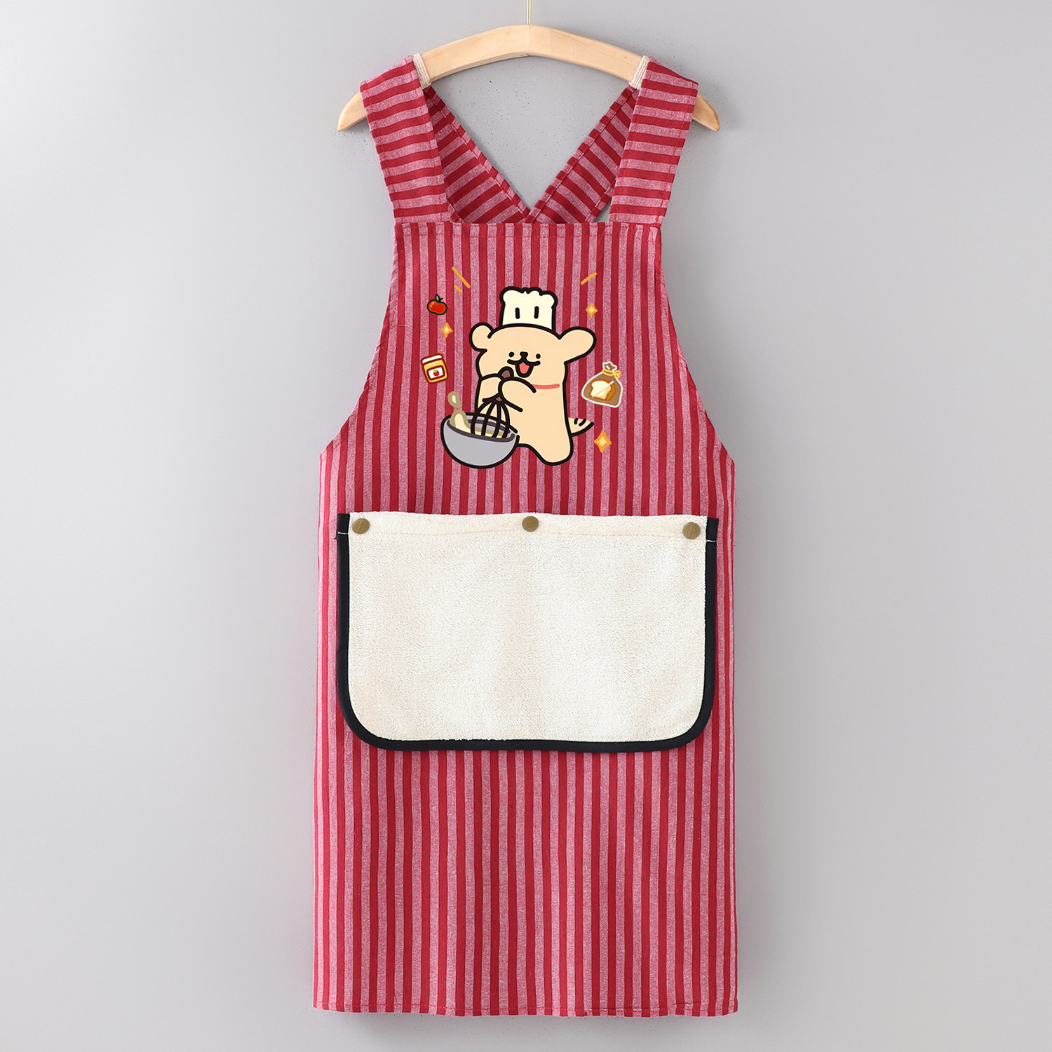 Toalla de cocina de algodón a rayas con diseño de oso rojo, correa removible.